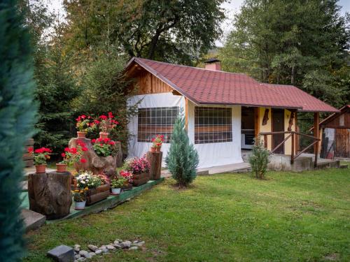 a small house with flowers and plants in a yard at Cabana Barbu in Făgăraş