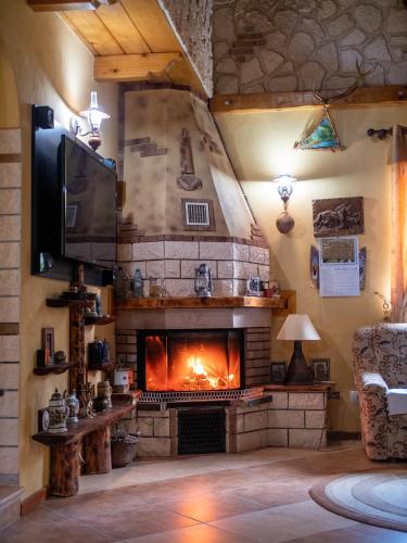 a living room with a stone fireplace and a tv at Cabana Barbu in Făgăraş