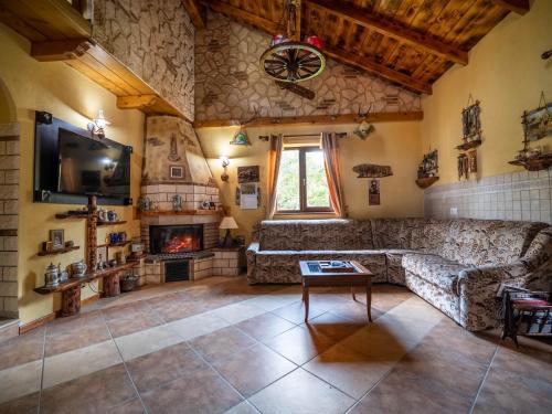 a living room with a couch and a fireplace at Cabana Barbu in Făgăraş