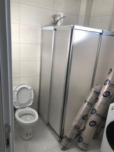 a bathroom with a toilet and a shower stall at Karakoçan Apart otel in Karakoçan