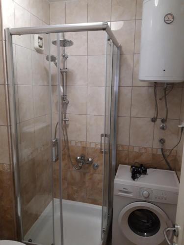 a shower stall in a bathroom with a washing machine at SIMIKIC Z in Bijeljina