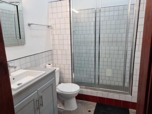 a bathroom with a toilet and a sink and a shower at Apex Boutique apartments in Georgetown