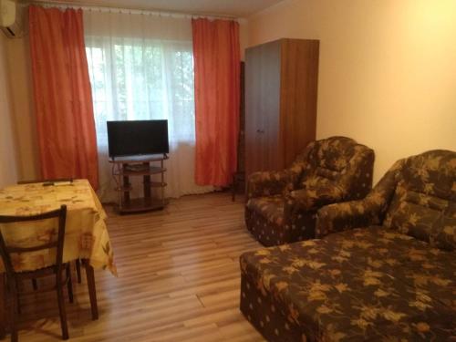 a living room with a couch and a chair and a television at Однокомнатная квартира у моря in Gagra