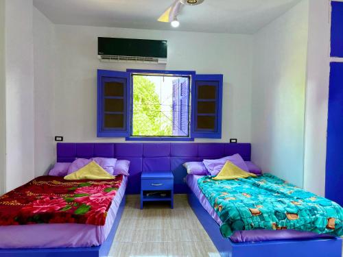 two beds in a room with blue and purple at Ghalia Guest House in Aswan