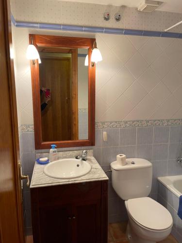 uma casa de banho com um WC, um lavatório e um espelho. em Sevenhouse em Setcases