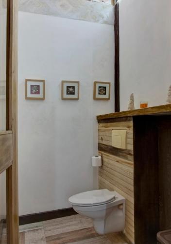a bathroom with a toilet and two pictures on the wall at Chaykovski Boutique H in Las Terrenas