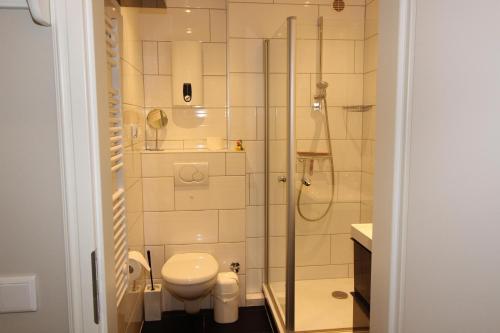 een badkamer met een toilet en een douche bij Haus Norderhoog Wohnung 58 in Westerland
