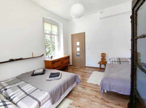 1 Schlafzimmer mit 2 Betten und einem Fenster in der Unterkunft Apartament Alpejski Duży in Lądek-Zdrój