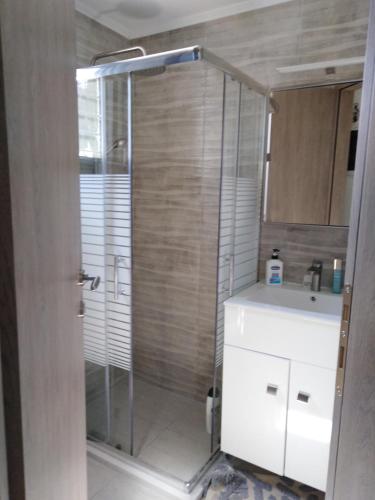 a bathroom with a shower and a sink at Σπίτι με σοφίτα μπροστά στη θάλασσα in Trápeza