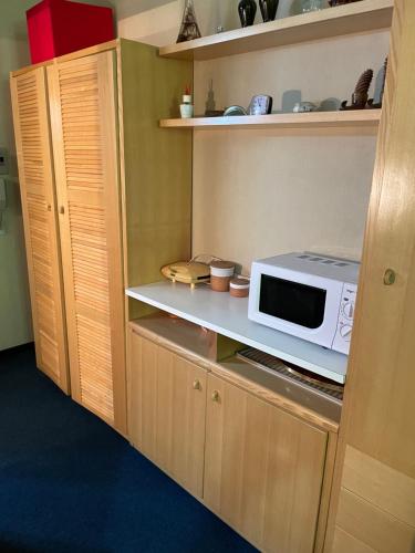a microwave oven sitting on a shelf in a kitchen at Appartamento Val di Luce in Abetone