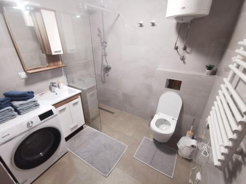 a bathroom with a washing machine and a toilet at Apartman Sari Bjelašnica in Bjelašnica