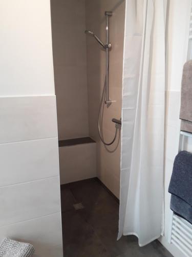 a bathroom with a shower with a shower curtain at Ferienwohnung Medemgarten in Neuenkirchen