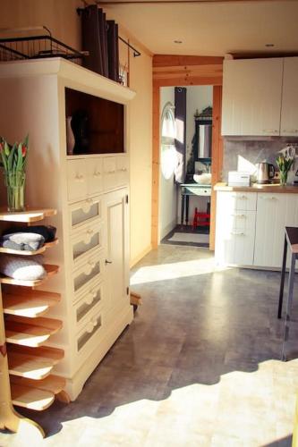a kitchen with a counter with drawers and a kitchen sidx sidx sidx at Tinyhouse Zirkuswagen- Kotten Kunterbunt in Nottuln