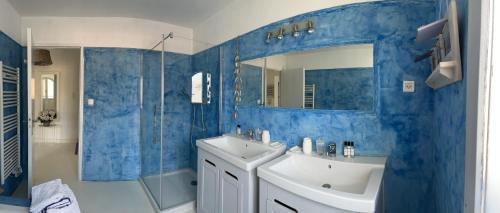y baño azul con lavabo y ducha. en Les galets bleus de Calvi en Calvi