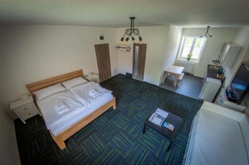 Penzion Nežárka 59 في جينديتشوف هراديك: اطلالة جوية لغرفة نوم مع سرير