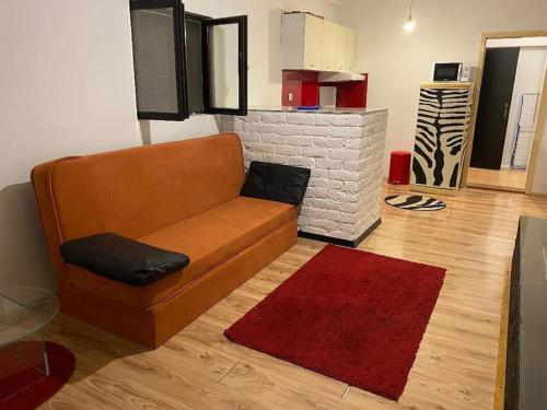 a living room with a brown couch and a red rug at Adorable 1-bedroom guesthouse & private parking place in Velika Mlaka