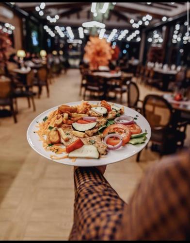 a person holding a plate of food in a restaurant at Zlatna Nit in Novi Pazar