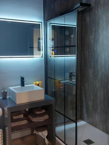 een badkamer met een wastafel en een glazen douche bij Lough View Lodge in Dunnamanagh