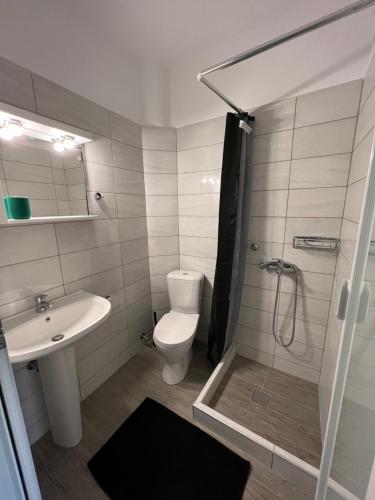 a bathroom with a toilet and a sink and a shower at kochyli studios in Asprovalta