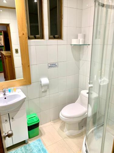 a bathroom with a toilet and a sink and a shower at Hostal Maitencillo Norte in Maitencillo
