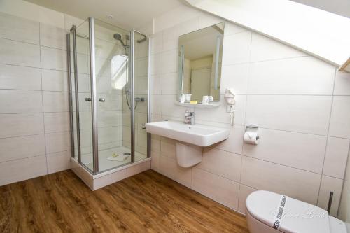 ein Bad mit einem Waschbecken, einer Dusche und einem WC in der Unterkunft Hotel Zwei Linden - links der Elbe - Niedersachsen in Balje