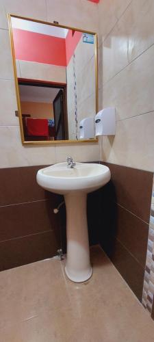 a bathroom with a white sink and a mirror at Hotel Platinum Class in Nueva Loja
