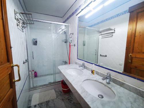a bathroom with a shower and a sink and a mirror at CB88 in Barcelona