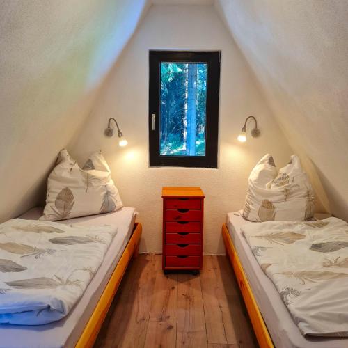 zwei Betten in einem Dachzimmer mit Fenster in der Unterkunft Wanderhütte Zum Bernhardsthal in Bernhardsthal