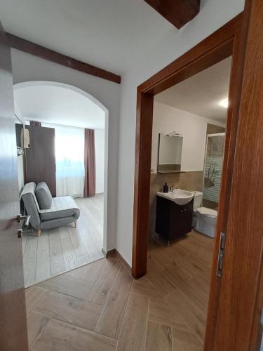 Habitación con sofá, lavabo y espejo. en La Izvoare Pensiune-Păstrăvărie, en Sîmbăta de Sus
