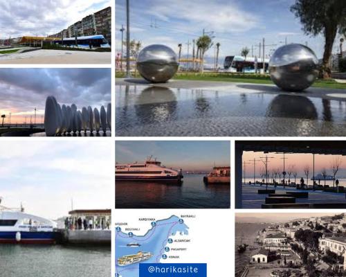 a collage of photos of boats and buildings at HemDemKonakdenemekapalı in Konak