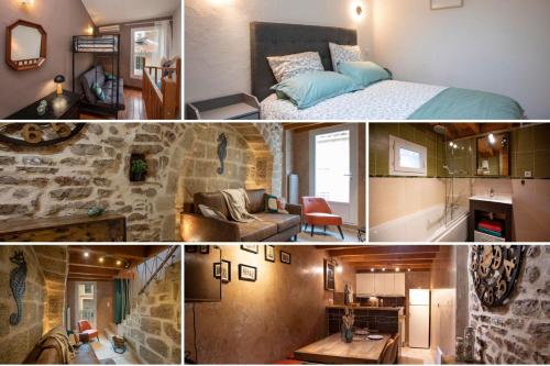 eine Collage mit Bildern eines Schlafzimmers und eines Wohnzimmers in der Unterkunft L'Hippocampe in Bouzigues