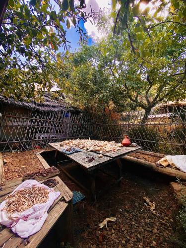 a picnic table with food on it next to a fence at Le Sommet Naturel in Chefchaouene