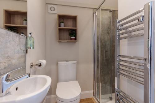 a bathroom with a toilet and a sink and a shower at Whimbrel in Tattenhall