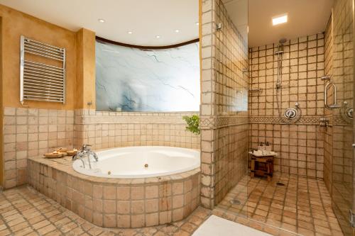 a large bathroom with a tub and a shower at King David Penthouse with private pool in Jerusalem