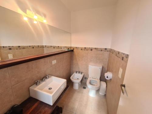 a bathroom with a toilet and a sink at Hotel Arte del Rey in Pinamar