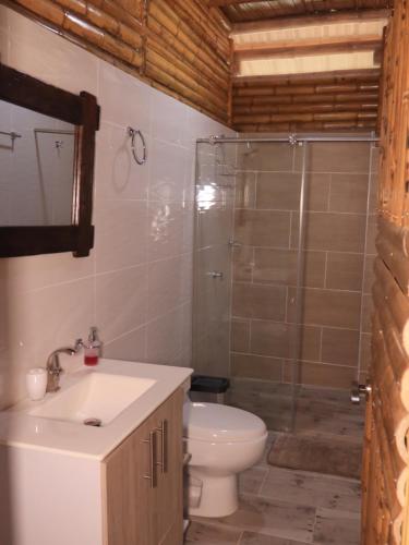 a bathroom with a toilet and a sink and a shower at Villa Jardines de la Monarca in Rivera