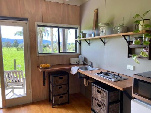 a kitchen with a sink and a counter with a window at The Perfect Dogbox in a tropical country setting! in Omaha