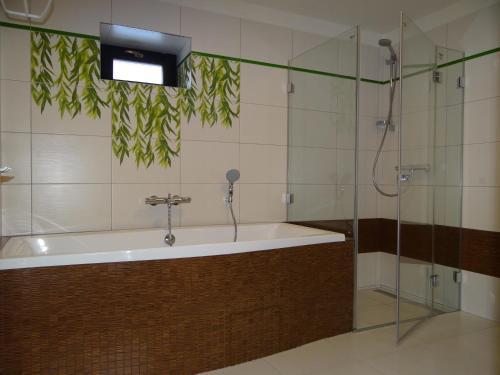 y baño con bañera y ducha. en Penzion Pod Kopcem, en Janov nad Nisou