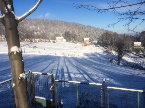 a snow covered field with a fence and a road at Zielone Wzgórze in Karpacz