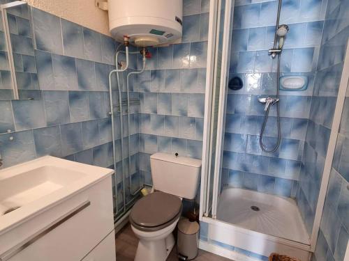 une salle de bain avec une douche, des toilettes et un lavabo dans l'établissement Charmant T2 à 300m de la Plage avec Parking, Loggia Vitrée et Animaux Acceptés - 4 Personnes - FR-1-388-69, à Argelès-sur-Mer