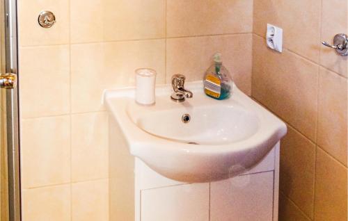 a bathroom with a white sink and a shower at Awesome Home In Choczewo With 4 Bedrooms in Lubiatowo
