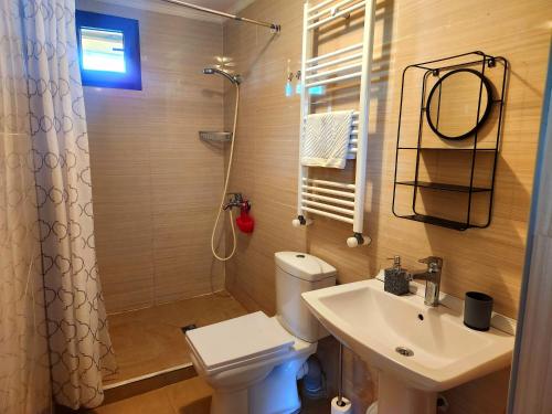 a bathroom with a toilet and a sink and a shower at House & Yard Sesil M 110m to beach in Ureki