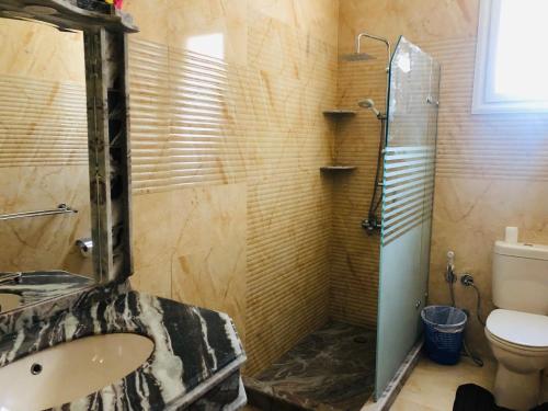 a bathroom with a sink and a shower and a toilet at Lovely Villa 5- bedroom with Overflow Pool with Nice Garden at Green Oasis Resort in Alexandria