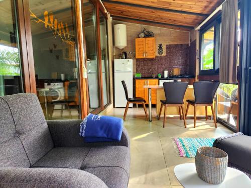 a living room with a couch and a kitchen at House & Yard Sesil XS 60m to beach in Ureki