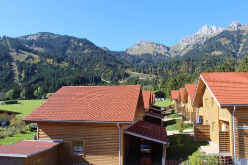 a row of wooden houses with mountains in the background at Feriendorf am Hahnenkamm in Reutte