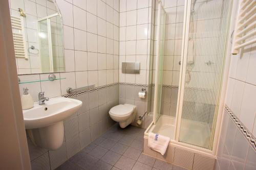 Koupelna v ubytování Farys - świetna lokalizacja, sauna, jacuzzi, piękne widoki z okien