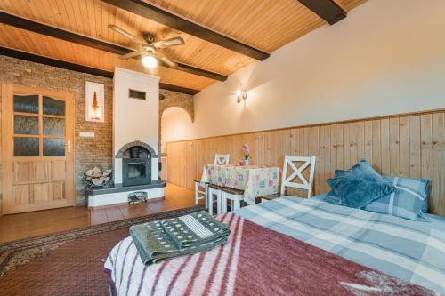 a bedroom with a bed and a fireplace at Privat LeNa in Ružomberok