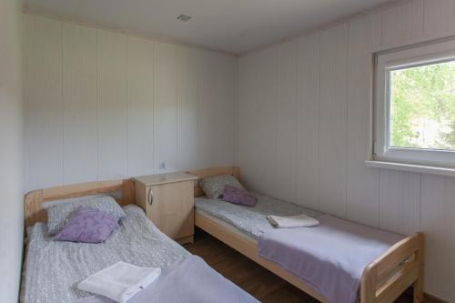 a room with two beds and a window at Wilimy Domek przy plaży jeziora Dadaj in Biskupiec