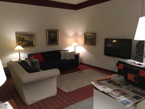 ein Wohnzimmer mit einem Sofa und einem TV in der Unterkunft Guldbjerghus apartment in Bogense