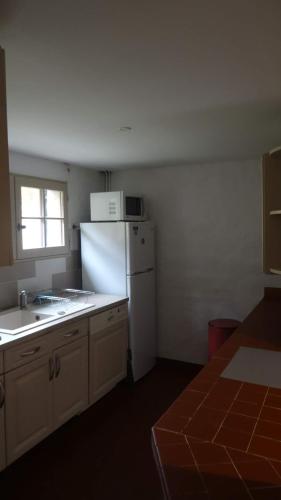 une cuisine avec un réfrigérateur blanc et une fenêtre dans l'établissement Chalet L'Oustaou 2 - Col du Tourmalet - La Mongie, à Campan